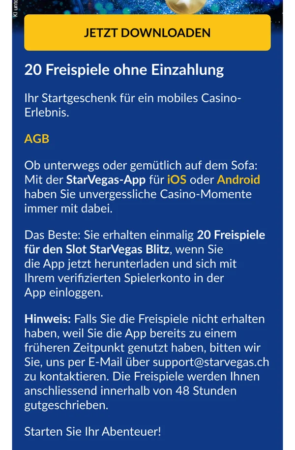 StarVegas auf dem Handy: 20 Freispiele für StarVegas Blitz beim ersten Login in der App mit verifiziertem Konto