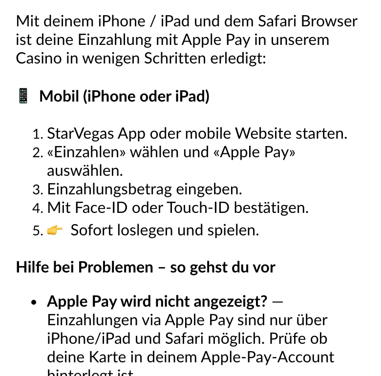 Anleitung von StarVegas für die Apple-Pay-Einzahlung am iPhone, nur mit Safari, Stand Oktober 2026