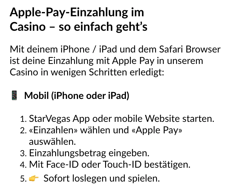 Schritte zur Apple-Pay-Einzahlung am iPhone bei StarVegas in der mobilen Ansicht