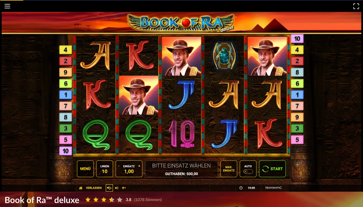Book of Ra deluxe im Demo-Modus bei StarVegas, Walzen geladen, Guthaben 500 Spielgeld
