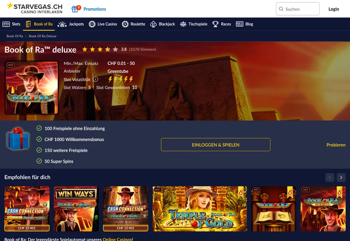 Book of Ra deluxe bei StarVegas: Einsatz CHF 0.01 bis 50 und Freispiel-Angebot auf der Spielseite