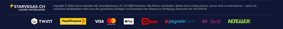 Fusszeile von StarVegas mit Konzessionsnummer 516-010-01 und Zahlungsarten