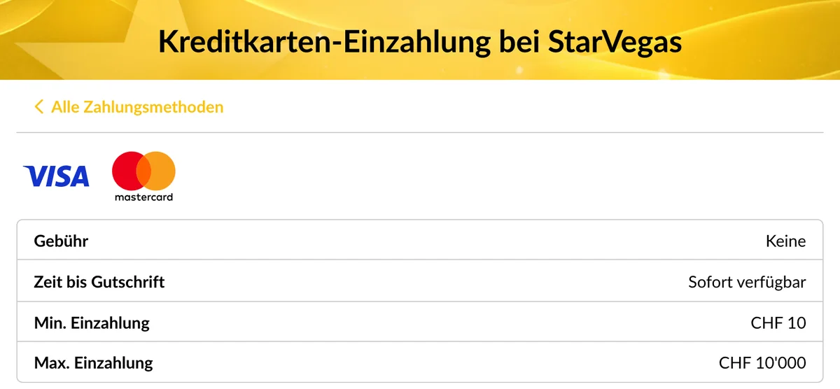 Kreditkarten-Einzahlung bei StarVegas: CHF 10 bis CHF 10'000 ohne Gebühr, Stand Oktober 2026