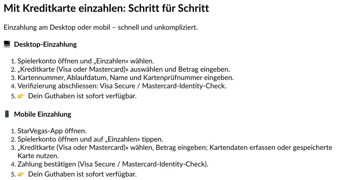 Schritte einer Kreditkarten-Einzahlung bei StarVegas am Desktop und in der App, mit Bestätigung per Visa Secure