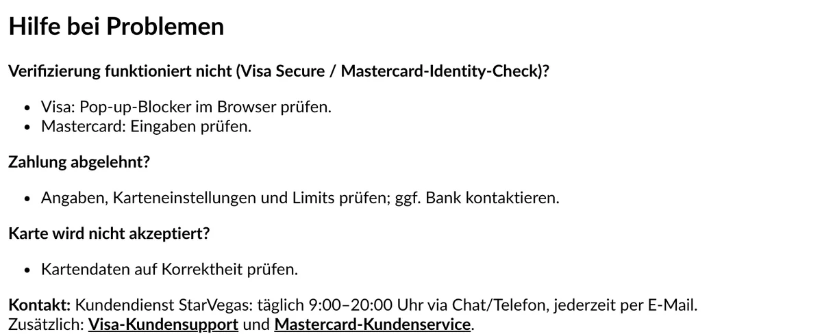 Hinweise von StarVegas bei abgelehnter Kartenzahlung und fehlgeschlagener Bestätigung mit Visa Secure