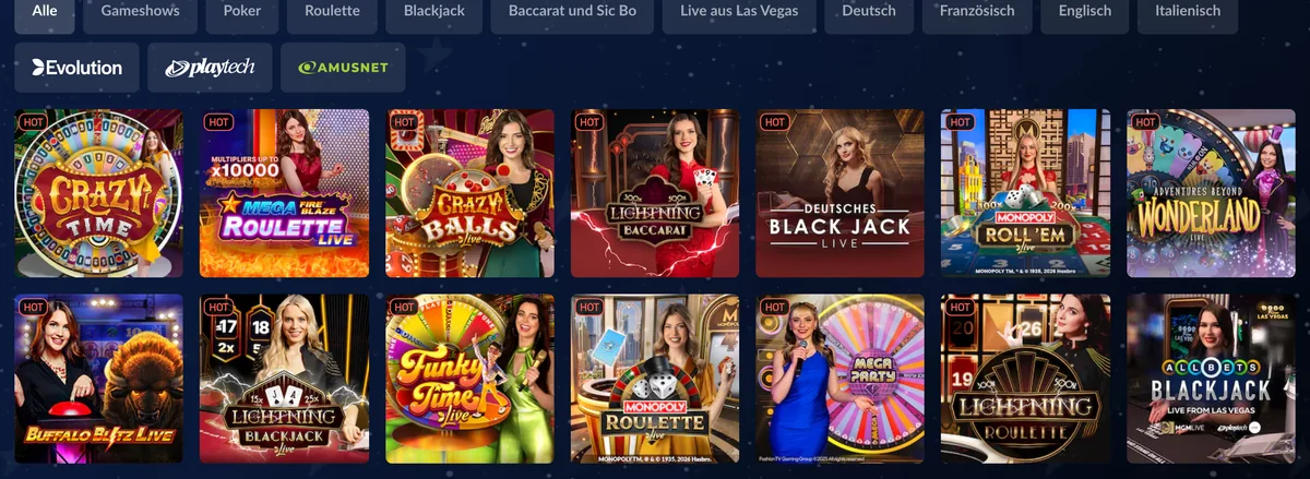 Live-Lobby von StarVegas mit Filtern für Spiele, Las Vegas und die Sprachen Deutsch, Französisch, Englisch, Italienisch