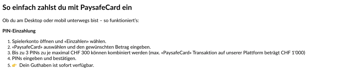 Paysafecard bei StarVegas: bis zu 3 PINs zu je CHF 300, höchstens CHF 1'000 pro Transaktion, Stand Oktober 2026