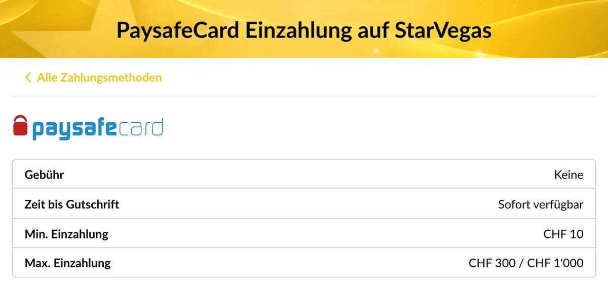 Paysafecard-Einzahlung bei StarVegas: ab CHF 10, CHF 300 pro PIN und CHF 1'000 pro Zahlung, Stand Oktober 2026
