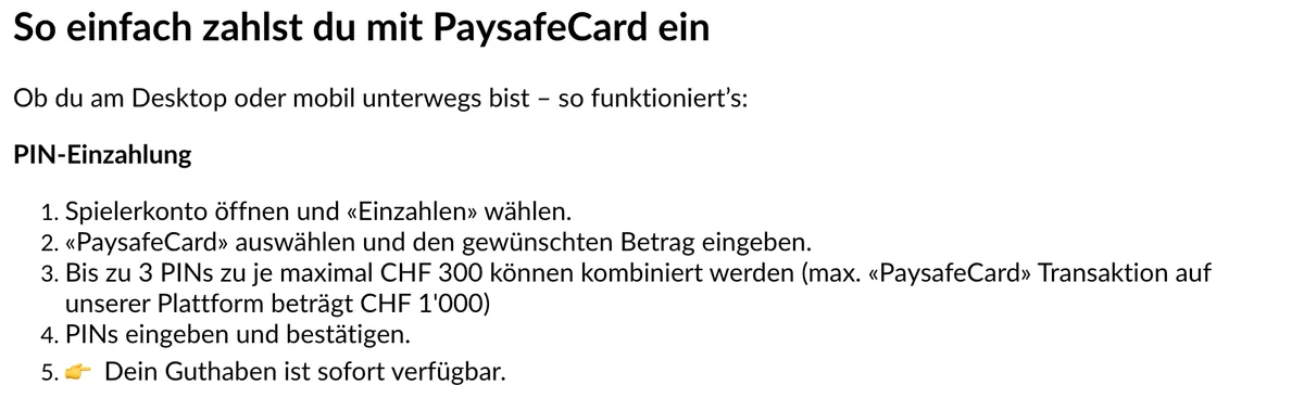 StarVegas: bis zu drei Paysafecard-PINs zu je CHF 300 kombinieren, höchstens CHF 1'000 pro Einzahlung, Stand Oktober 2026