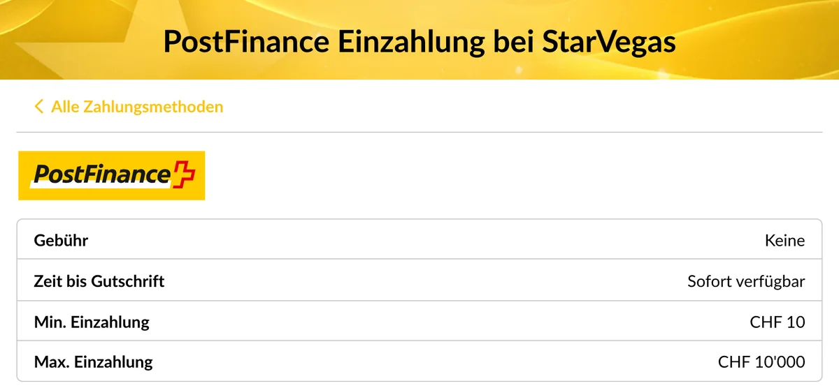PostFinance-Einzahlung bei StarVegas: CHF 10 bis CHF 10'000, ohne Gebühr, Stand Oktober 2026