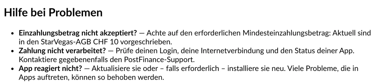 Hilfe von StarVegas bei Problemen mit der PostFinance-Einzahlung
