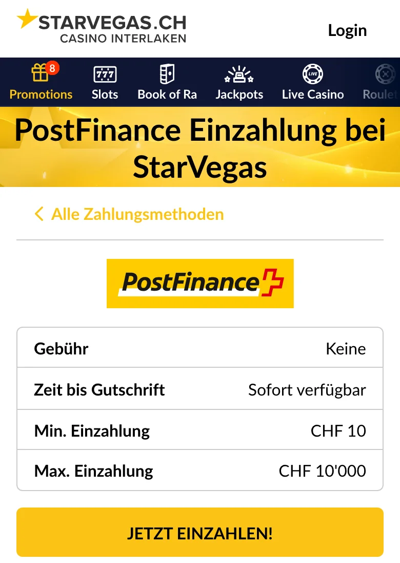 PostFinance-Einzahlung bei StarVegas in der mobilen Ansicht: CHF 10 bis CHF 10'000, keine Gebühr, Stand Oktober 2026