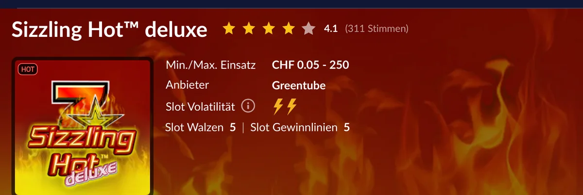 Spielseite von Sizzling Hot deluxe bei StarVegas: 5 Walzen, 5 Gewinnlinien, CHF 0.05 bis 250