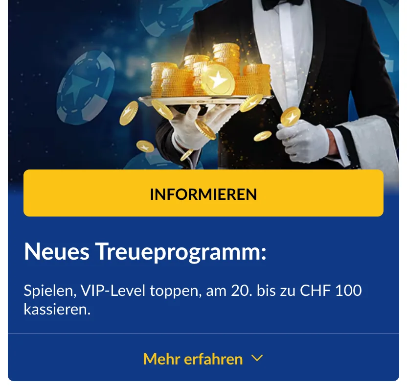 Treueprogramm von StarVegas: bis CHF 100 am 20. jedes Monats, Stand Oktober 2026