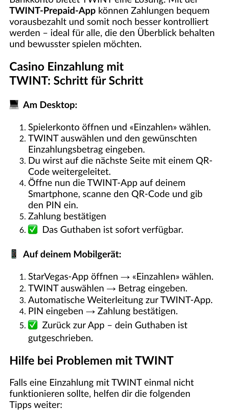TWINT-Seite von StarVegas in der mobilen Ansicht mit den Schritten der Einzahlung am Mobilgerät