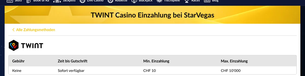 TWINT-Einzahlung bei StarVegas: CHF 10 bis CHF 10'000, ohne Gebühr, Stand Oktober 2026