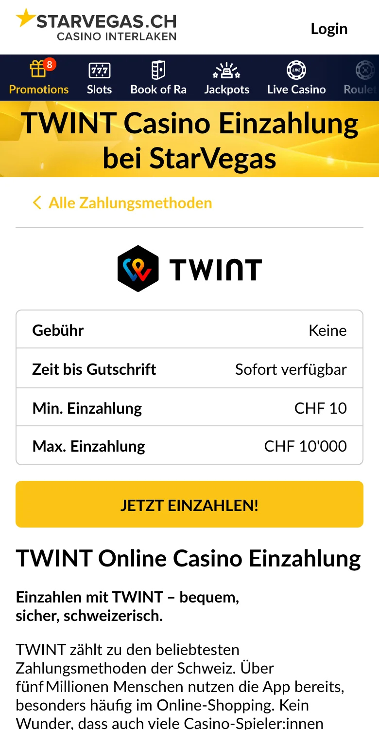TWINT-Einzahlung in der mobilen Ansicht von StarVegas