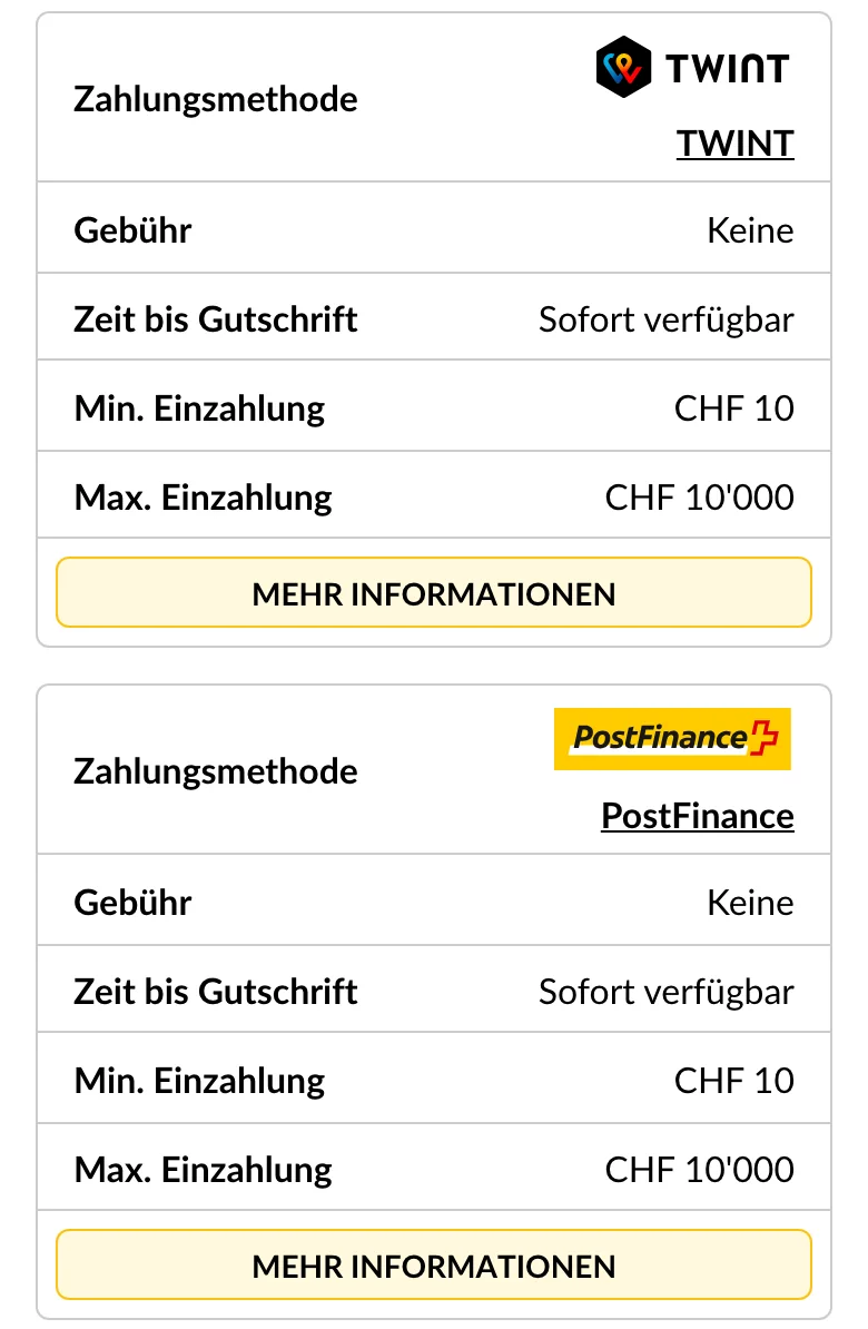 TWINT und PostFinance bei StarVegas in der mobilen Ansicht: keine Gebühr, sofort, CHF 10 bis CHF 10'000