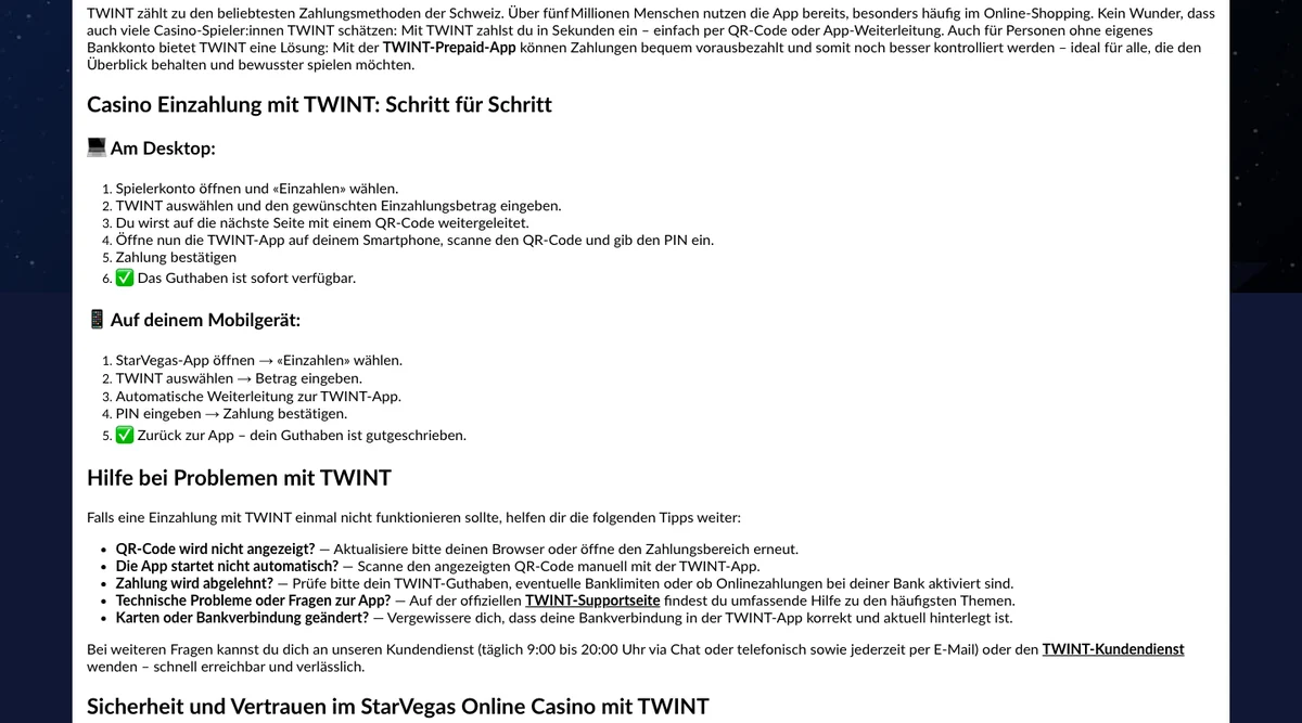 StarVegas erklärt die TWINT-Einzahlung Schritt für Schritt am Desktop und am Mobilgerät, Stand Oktober 2026