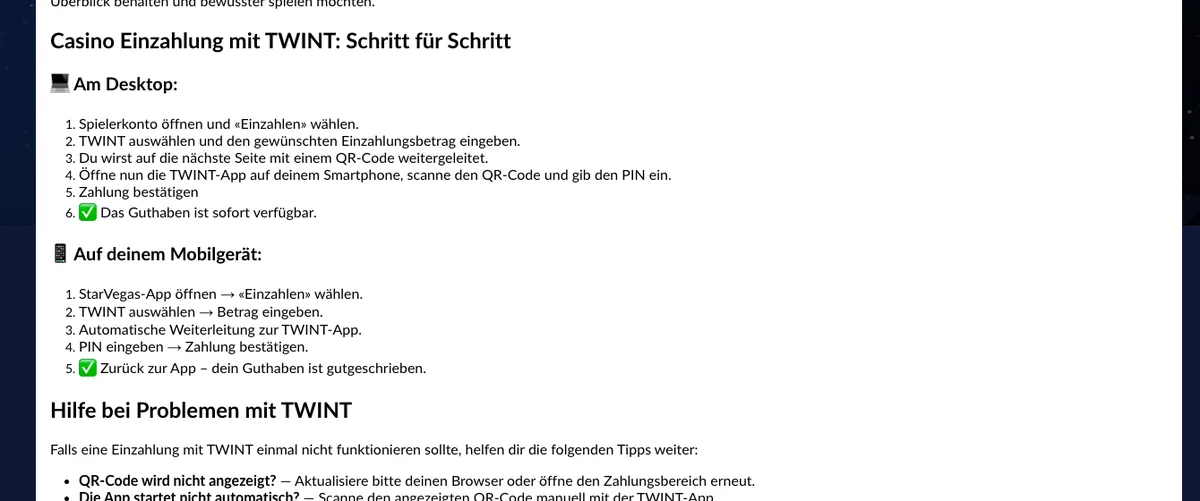 Schritte einer TWINT-Einzahlung bei StarVegas: Kasse, QR-Code, Bestätigung in der App