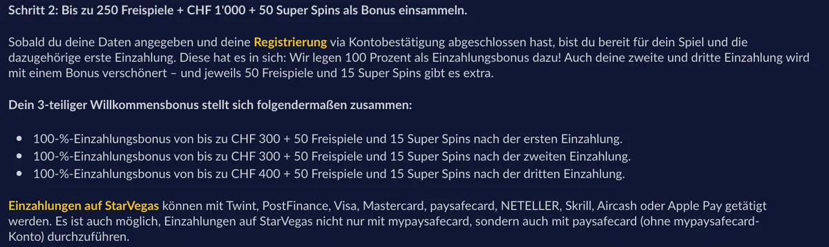 Willkommensbonus von StarVegas: 100 % bis CHF 300, 300 und 400 auf die ersten drei Einzahlungen, Paysafecard auch ohne Konto, Stand Oktober 2026