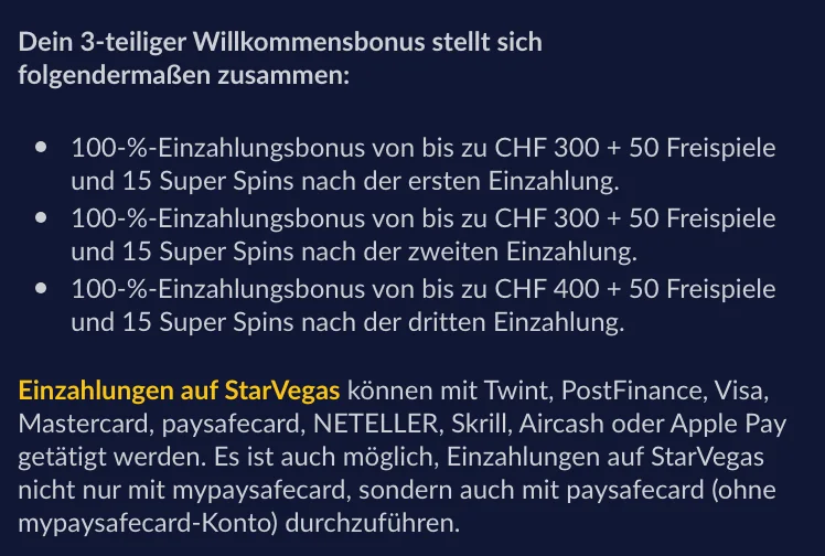 StarVegas zum Willkommensbonus: Einzahlungen auch mit paysafecard ohne mypaysafecard-Konto, mobile Ansicht, Stand Oktober 2026