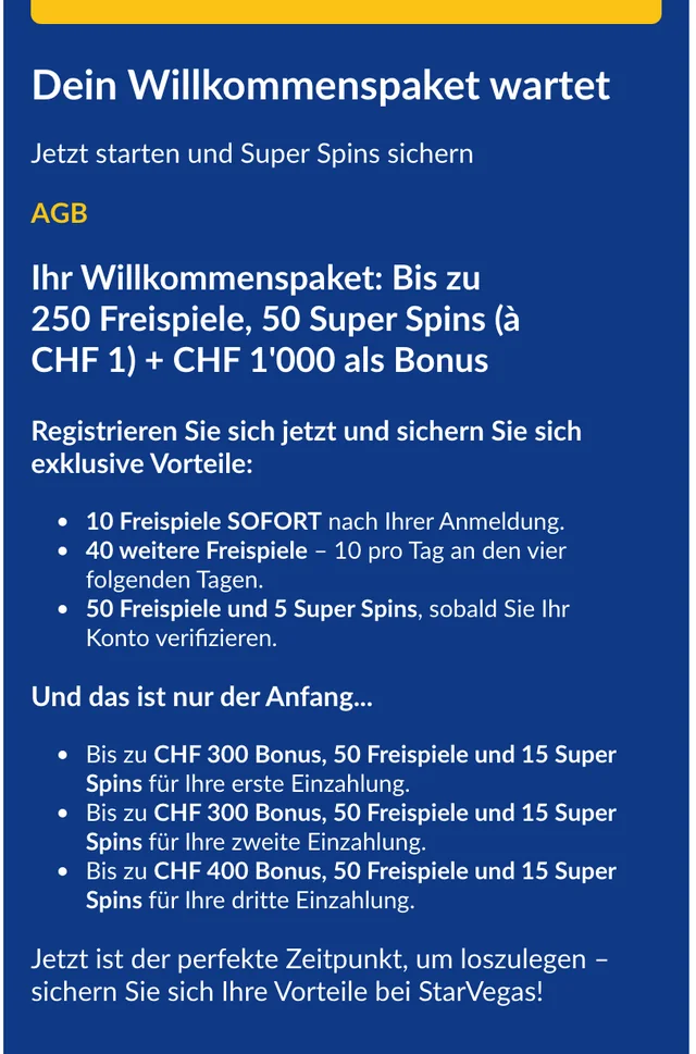 Willkommenspaket von StarVegas: 50 Freispiele für die Registrierung, 50 Freispiele und 5 Super Spins für die Verifizierung