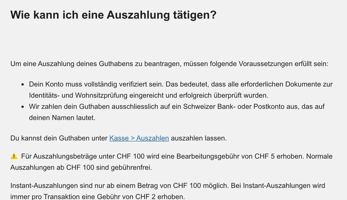 Hinweis von Swiss Casinos: CHF 5 Gebühr bei Auszahlungen unter CHF 100