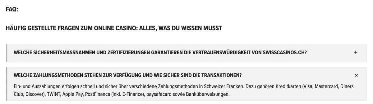 FAQ von Swiss Casinos: Ein- und Auszahlungen in Schweizer Franken mit Karten, TWINT, Apple Pay, PostFinance, paysafecard und Überweisung