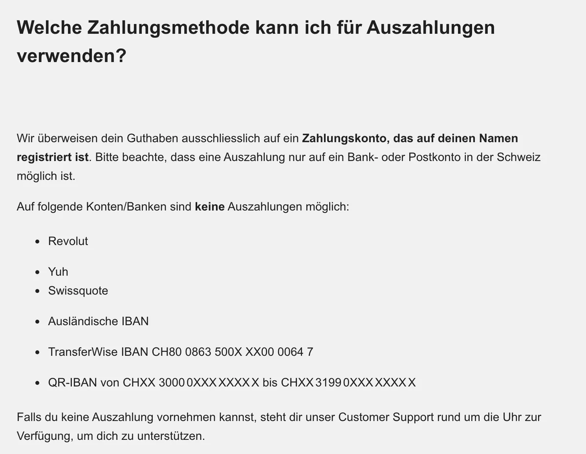 Hinweis von Swiss Casinos: Auszahlung nur auf ein Bank- oder Postkonto in der Schweiz, nicht auf Revolut, Yuh oder Swissquote, Stand Oktober 2026