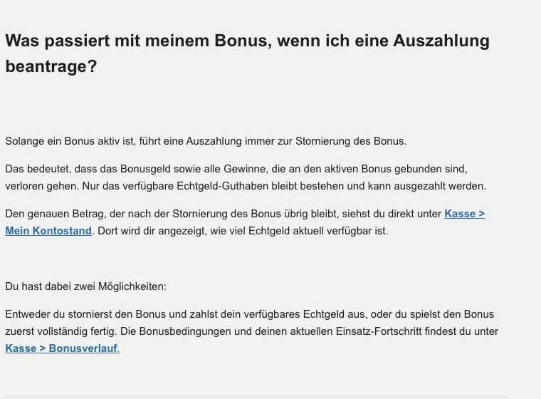 Hilfe-Center von Swiss Casinos: Eine Auszahlung storniert den aktiven Bonus samt Bonusgewinnen