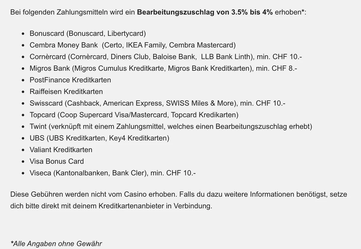 Liste der Kreditkarten mit 3,5 bis 4 % Zuschlag auf Casino-Zahlungen im Helpcenter von Swiss Casinos, Stand Oktober 2026