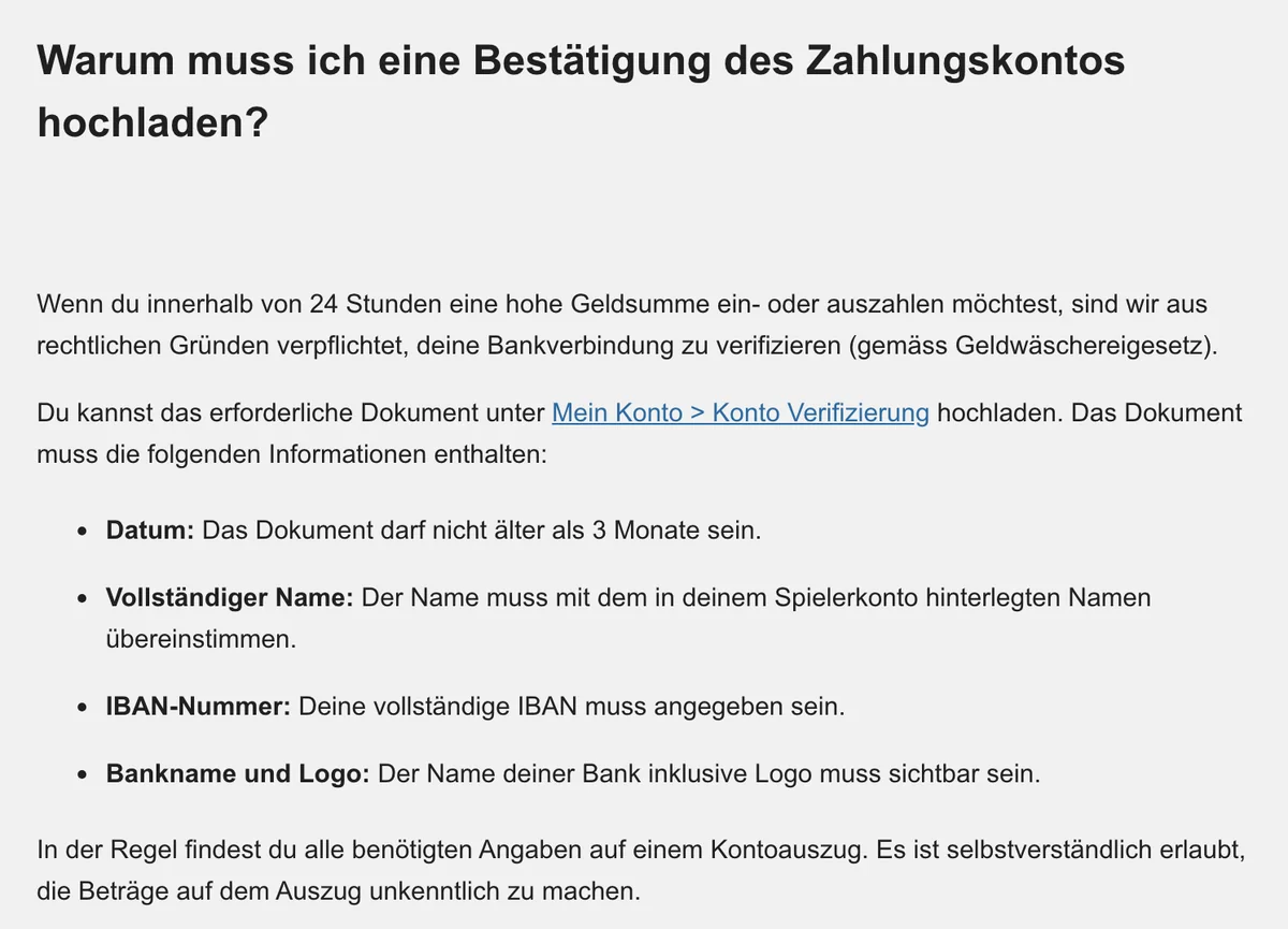 Anforderungen von Swiss Casinos an den Nachweis des Zahlungskontos: Datum, Name, IBAN, Bankname und Logo