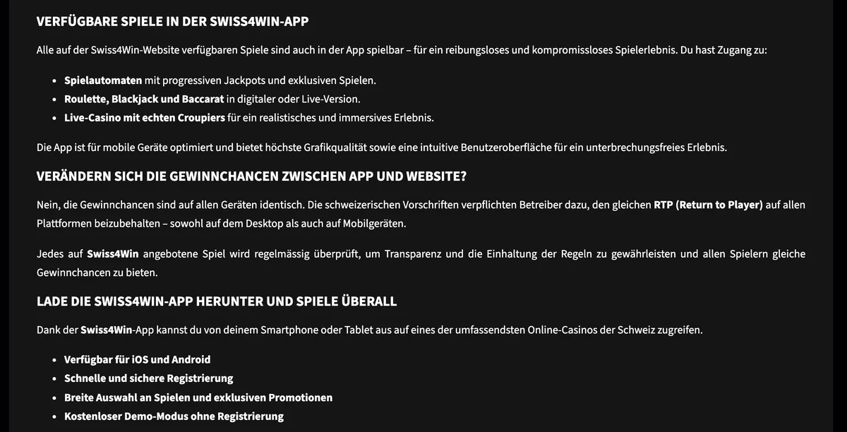 Swiss4Win-App mit Slots, Tischspielen und Live-Casino laut Seite «App installieren»