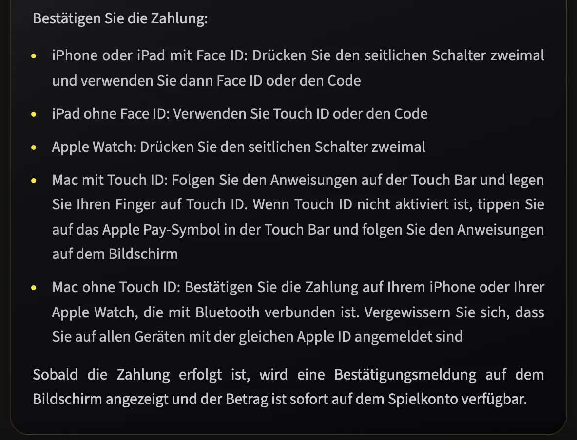Swiss4Win erklärt die Bestätigung einer Apple-Pay-Einzahlung auf iPhone, iPad, Apple Watch und Mac mit und ohne Touch ID