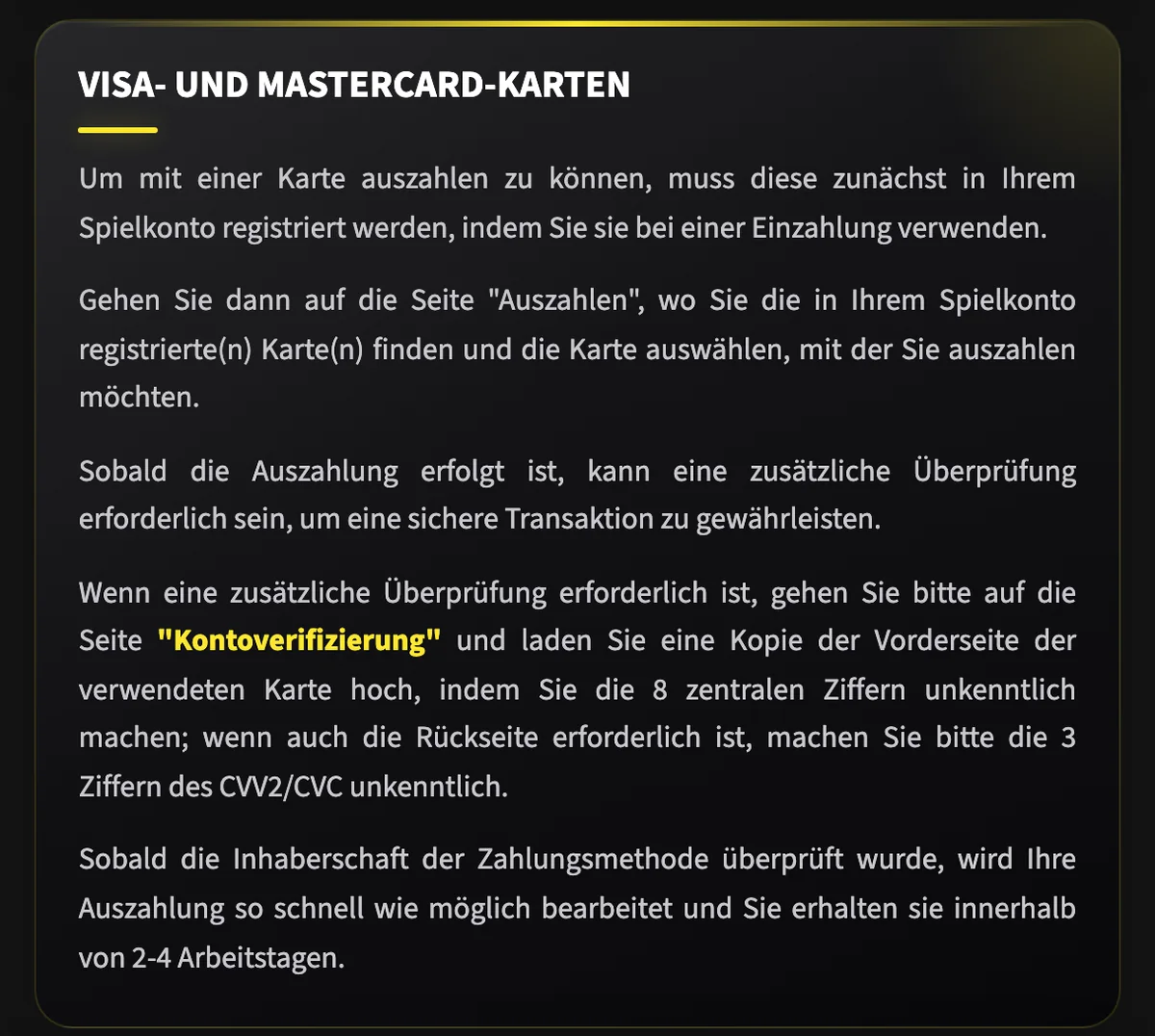 Swiss4Win erklärt die Auszahlung auf eine Visa- oder Mastercard nach vorheriger Einzahlung, Stand Oktober 2026