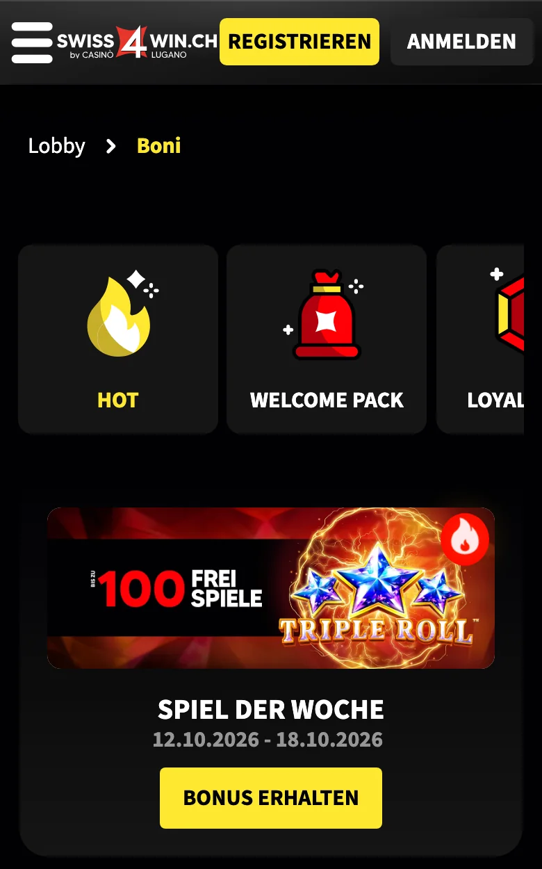 Bonusseite von Swiss4Win auf dem Handy: 100 Freispiele im Spiel der Woche