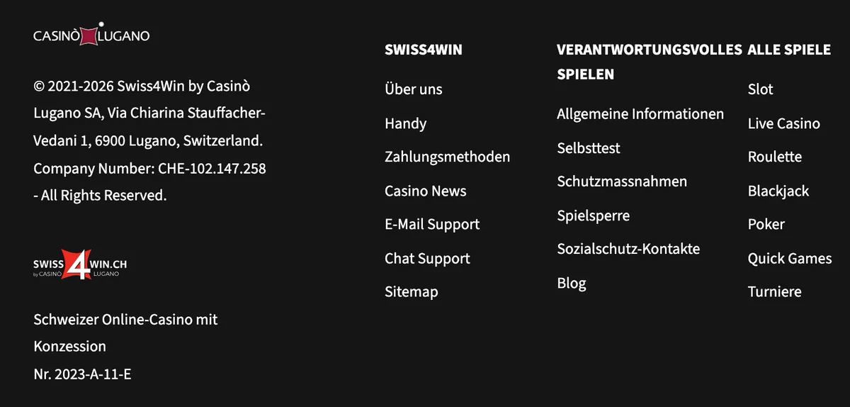 Fusszeile von Swiss4Win mit Casinò Lugano SA, UID und Konzession 2023-A-11-E, Stand Oktober 2026