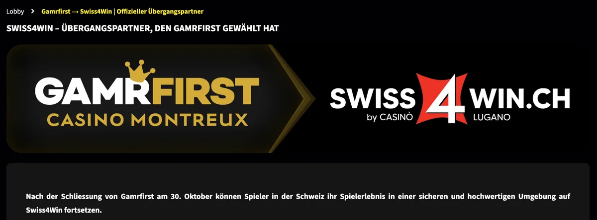 Hinweis von Swiss4Win zur Schliessung von Gamrfirst, Stand Oktober 2026