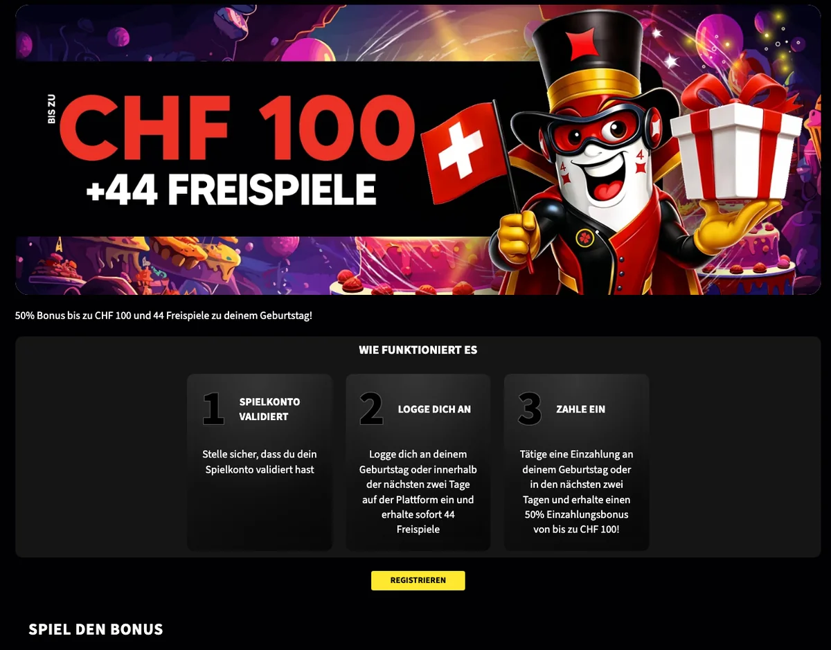 Geburtstagsbonus von Swiss4Win mit 44 Freispielen und Bonus auf die Einzahlung, Stand Oktober 2026