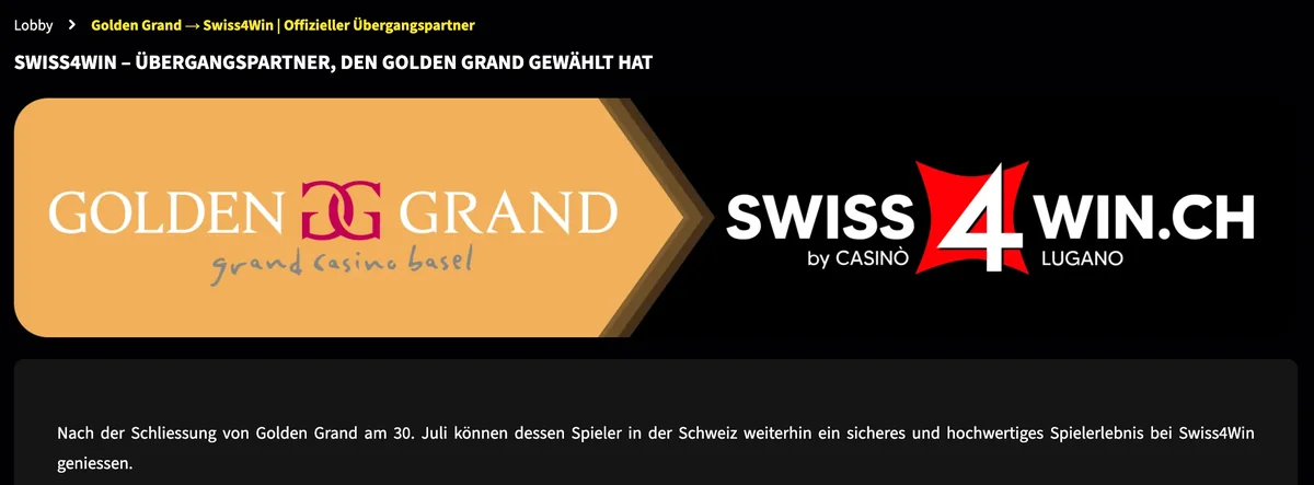 Hinweis von Swiss4Win zur Schliessung von Golden Grand, Stand Oktober 2026