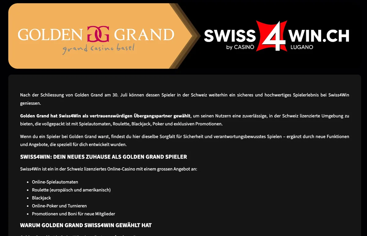 Seite von Swiss4Win für Kunden von Golden Grand: Übergangspartner nach der Schliessung