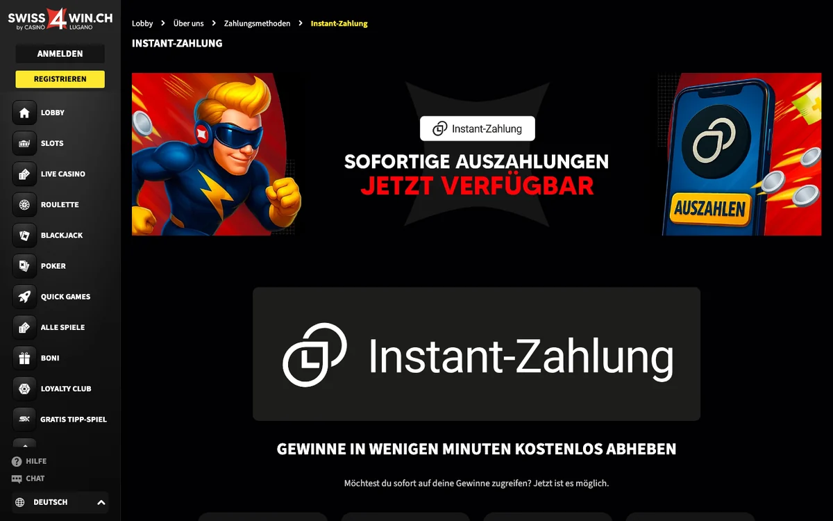 Seite «Instant-Zahlung» von Swiss4Win: sofortige Auszahlungen, Gewinne in wenigen Minuten kostenlos abheben