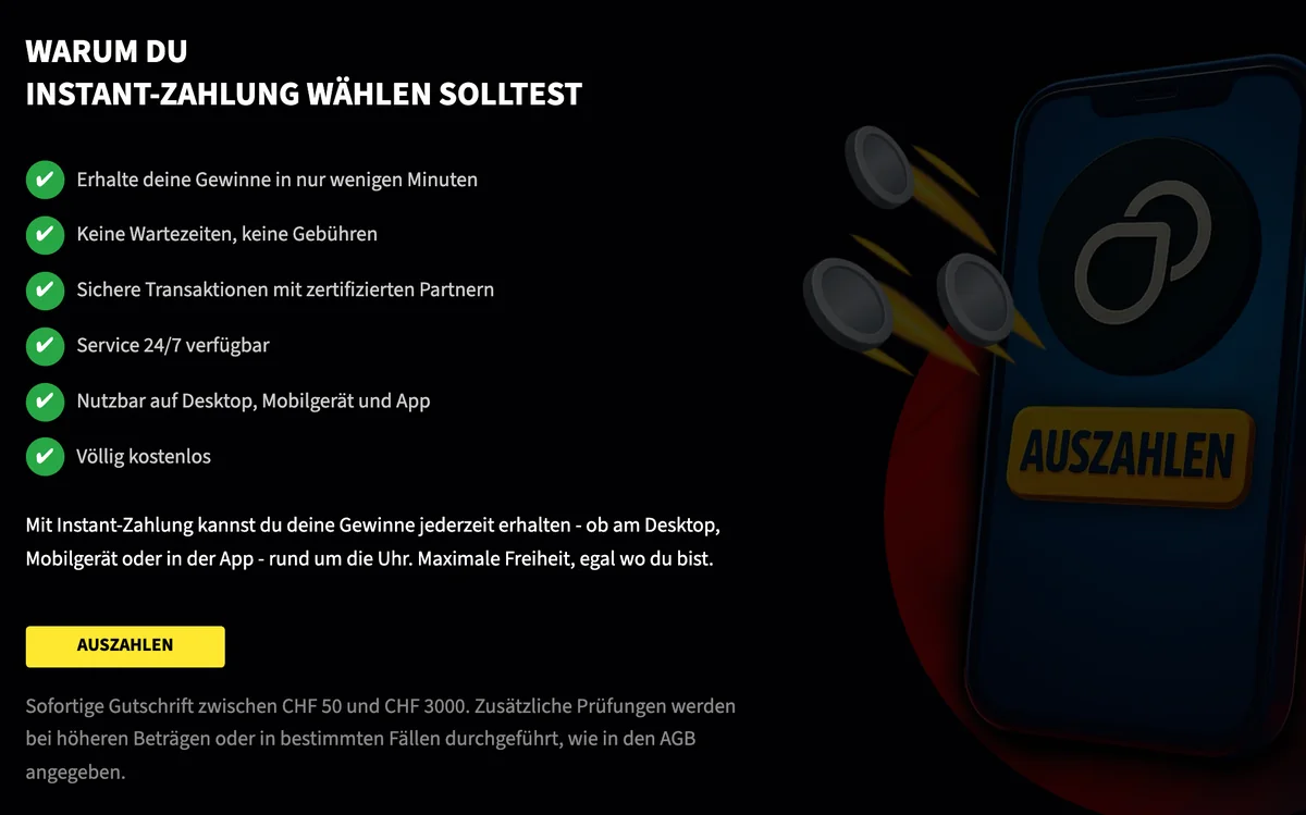 Swiss4Win zur Instant-Zahlung: Gewinne in Minuten, rund um die Uhr, kostenlos, CHF 50 bis CHF 3'000