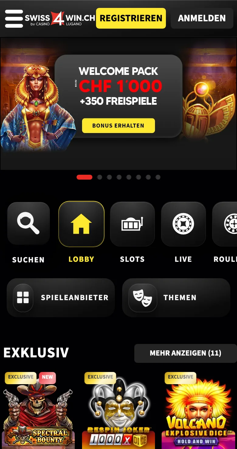 Lobby von Swiss4Win im Browser auf dem Smartphone, Stand Oktober 2026