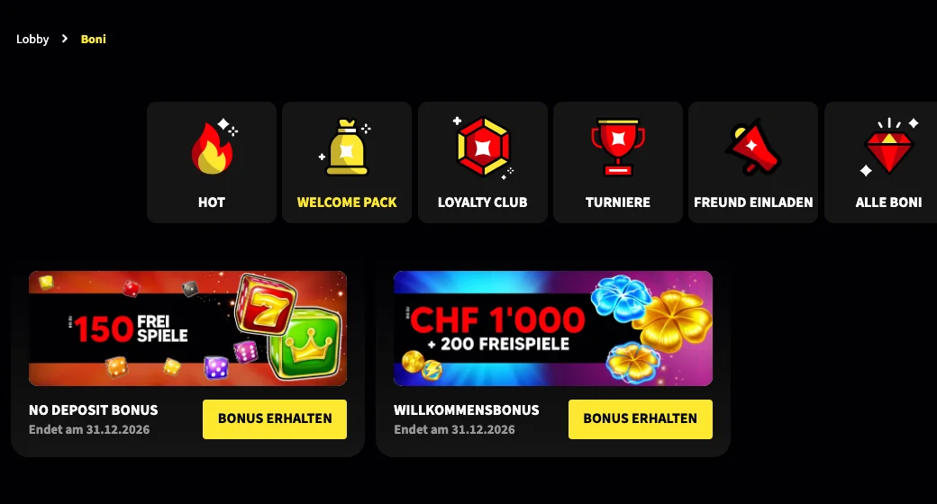 Bonusseite von Swiss4Win mit dem No Deposit Bonus über 150 Freispiele, Stand Oktober 2026