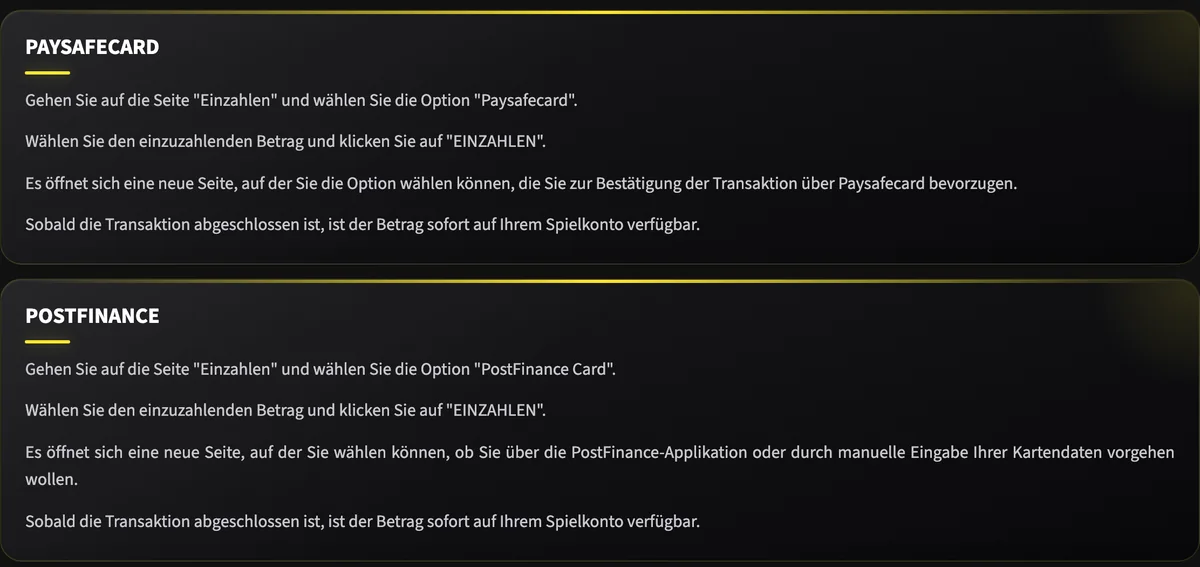 Swiss4Win erklärt die Einzahlung mit Paysafecard und PostFinance Card, Bestätigung in der PostFinance-App oder mit Kartendaten