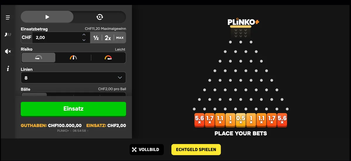 Plinko+ im Demo-Modus bei Swiss4Win mit Auswahl von Risiko und Linien vor dem Wurf