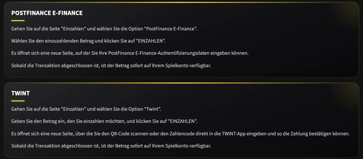 Swiss4Win erklärt die Einzahlung mit PostFinance E-Finance und TWINT, Betrag sofort auf dem Spielkonto