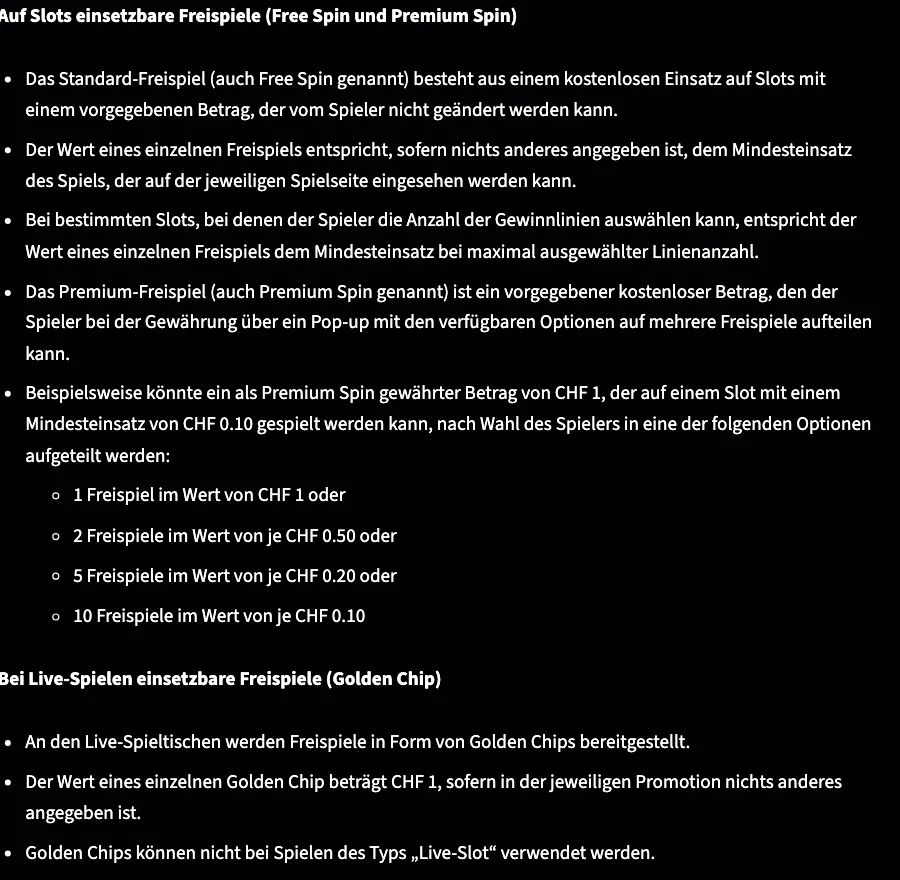 Bedingungen von Swiss4Win: Premium Spin von CHF 1 als 1, 2, 5 oder 10 Freispiele, Golden Chip CHF 1, Stand Oktober 2026